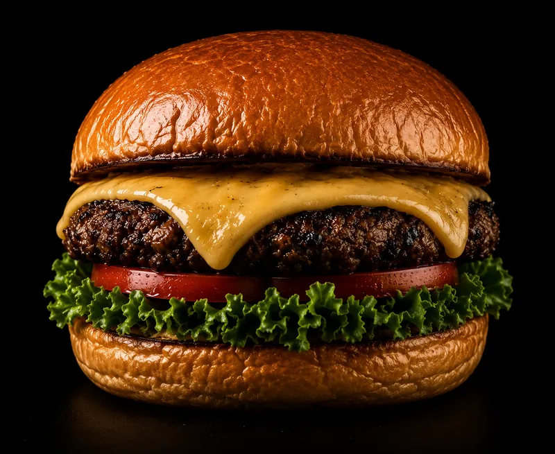 Hamburguesa Angus Clásica con queso gouda fundido, lechuga y tomate en pan brioche.