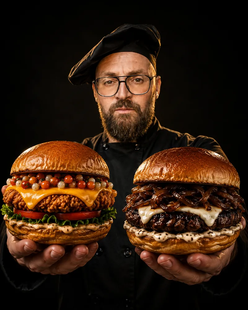 Iñaki sosteniendo dos hamburguesas hacia la cámara.