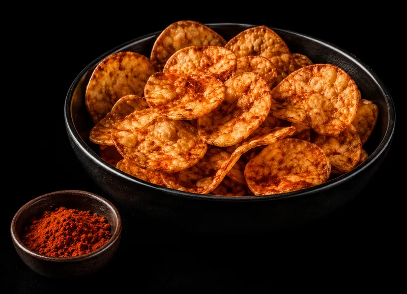 Cuenco negro con patatas teja espolvoreadas con paprika.
