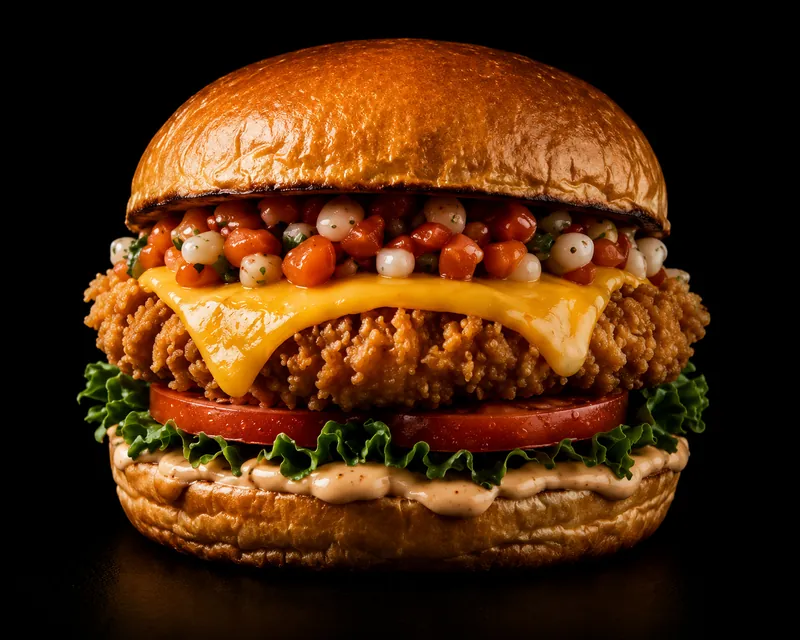 Hamburguesa de pollo crispy con queso gouda, pico de gallo y mayo kimchi en pan brioche.